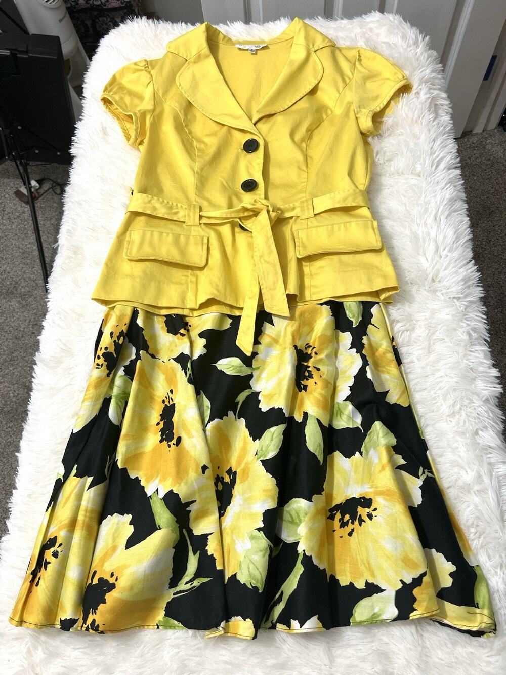 Studio 2 Pc Yellow Belted Jacket & Floral Skirt Set Womens Size 8 Spring Cotton